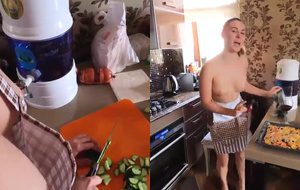 Dona de casa safada mostra o corpo delicioso enquanto prepara pizza peladinha
