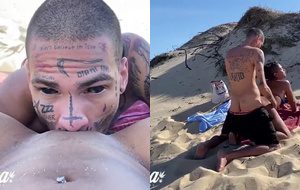 Mulata irresistível transando com amigo tatuado na praia até gozar gostoso