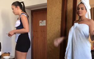 Empregada tesuda fode com o patrão e é pega no flagra pela esposa no banho